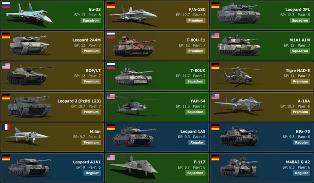13.0 БР | SU-33 | Leopard 2A4M | F-117 | Leopard 2 | M1A1 AIM | Tigre HAD-E | A-10A