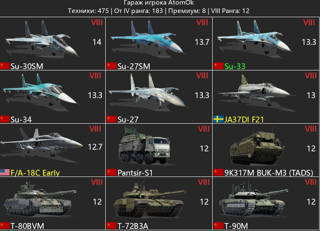 Су-30СМ | Су-34 | F/A-18C Early | Т-80БВМ | Су-27СМ | | JA37DI F21 | 9К317М БУК-М3 (ТАДС) | Т-72Б3А | Т-90М | Т-80УК | Су-39 | Су-24М | RDF/LT | Т-80У | Т-72Б3 | HSTV-L | M1A1 AIM | Су-22М3 | M1A1 | Тор-М1 | Су-17М2 Т-90А | Ми-35П | Стрела-10М2 2С6 | Т-8