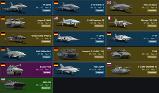 EF-2000, F-4F KWS LV, MiG-21 Bison, Leopard 2A4M, T-72AV (TURMS-T), 2S38, Boxer MGS.