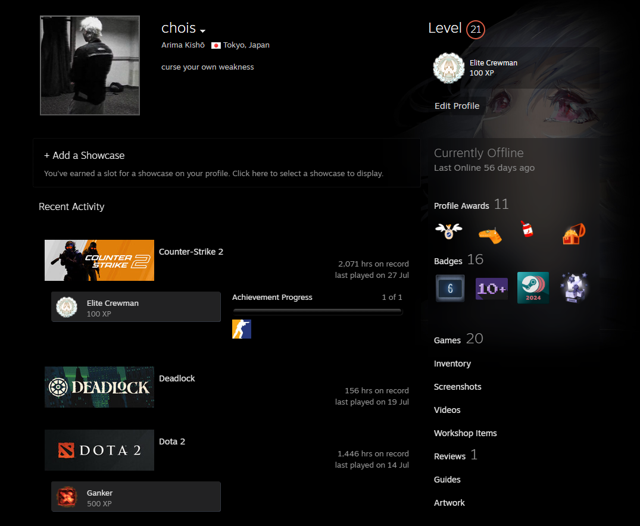Dota 2 - 5500 ммр, 31 LVL, 1400 часов есть скины, аркана Shadow FiendCounter-Strike 2 PRIME - 2000 часов[20 платных игр]; rust + dlc , code vein , ets, payday 26 лет аккаунту 21 LVL steam Регион: Россия