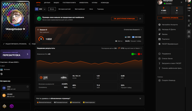 9 lvl faceit (1832 elo) + gold faciet sub (1 month) + steam akk 3lvl + verif