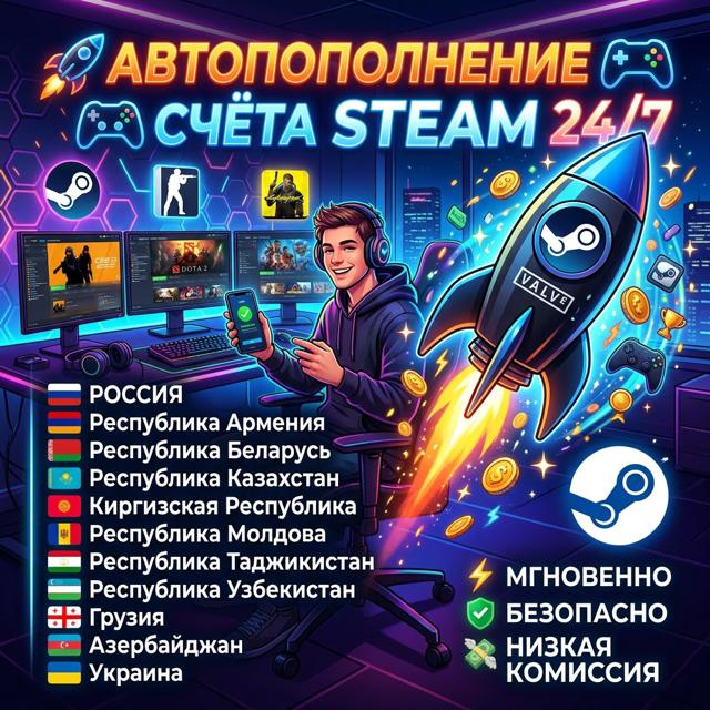 Автопополнение кошелька Steam Steam 24/7, РОССИЯ И СНГ
